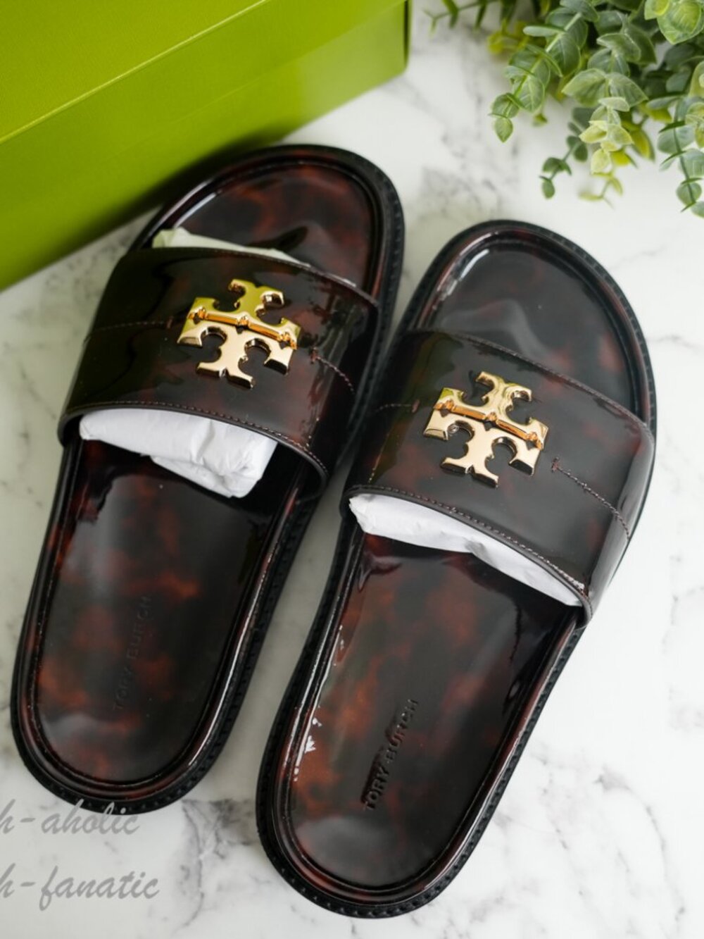 Tory Burch Everly Anatomic Lug Slide Sandal in Tortoise Patent Leather 7/8/8.5